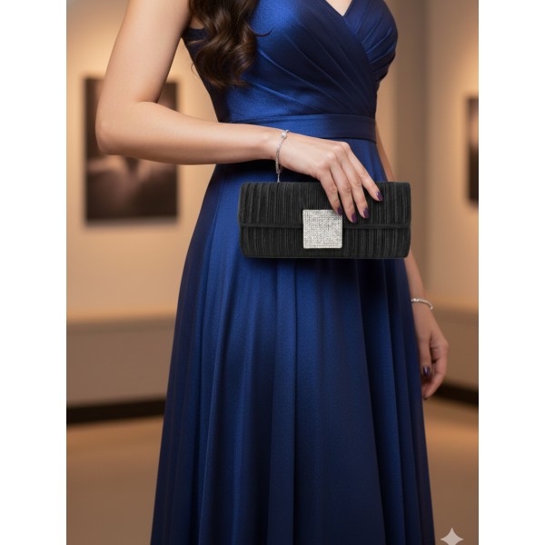 Evening Bag - Satin Pleated W/ Rhinestone Accent Charm - BG-90991B